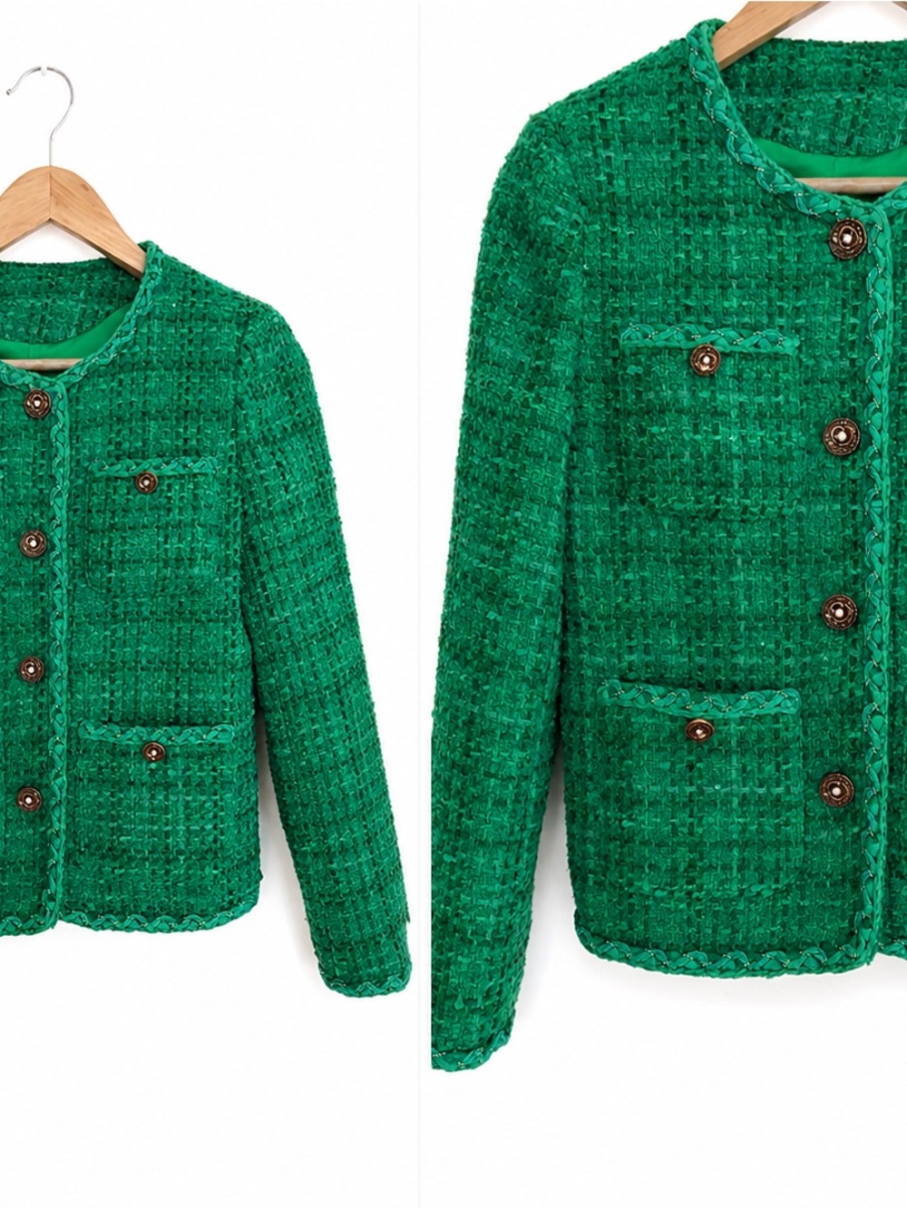 Emerald Green Ladylike Tweed Collarless Blazer Small